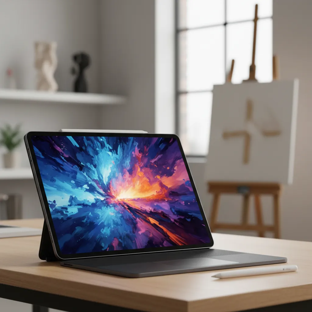 A vivid, cinematic hero image of the new iPad Pro M4 floating above creative tools like a stylus and headphones, symbolizing its power.