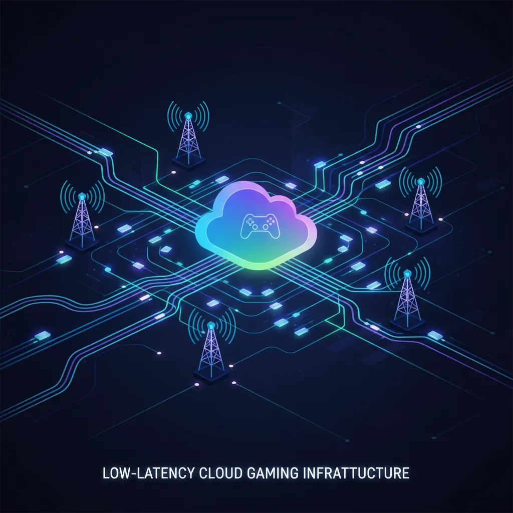 An abstract visualization of a 5G network tower transmitting data to a smartphone, illustrating the infrastructure that powers low-latency mobile cloud gaming.