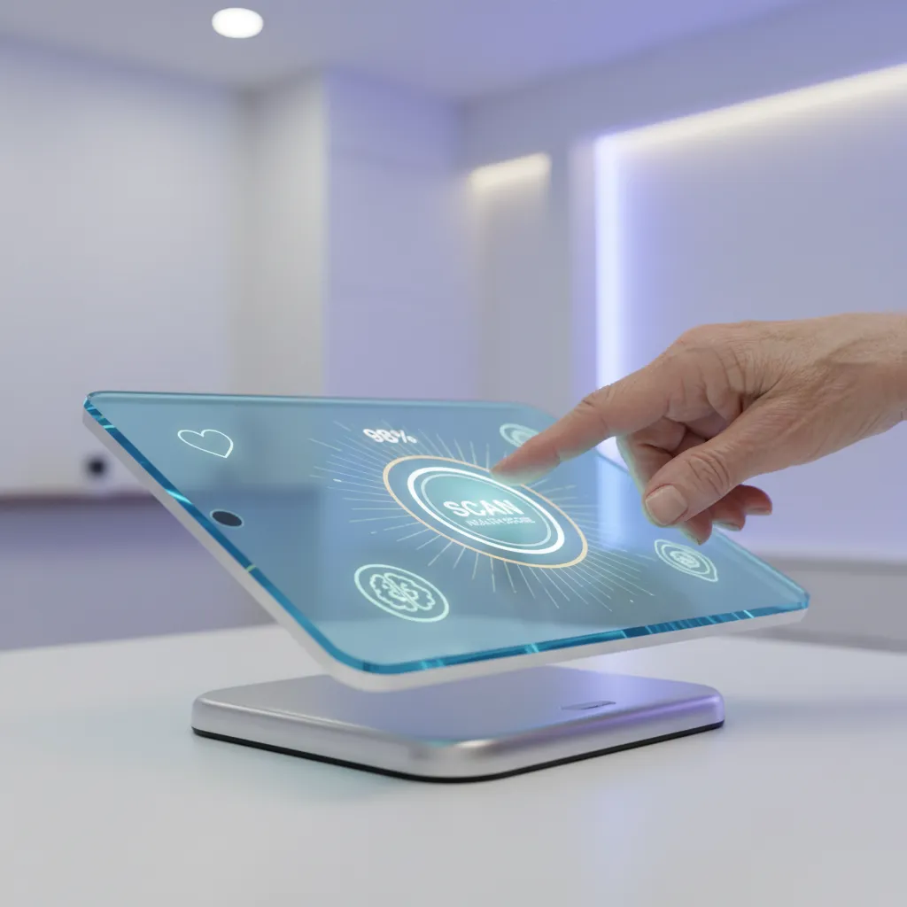 Close-up of a hand interacting with an accessible AI diagnostic tool.