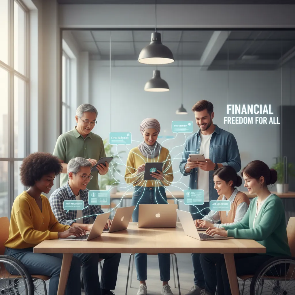 Diverse group using AI financial tools on various devices