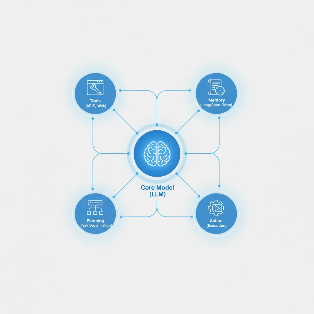 Diagram showing the core components of an autonomous AI agent, including the model, tools, memory, and planning modules.