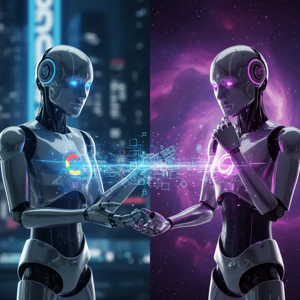 Two AI robots having a conversation, one blue and one purple, symbolizing the competition between the two models.