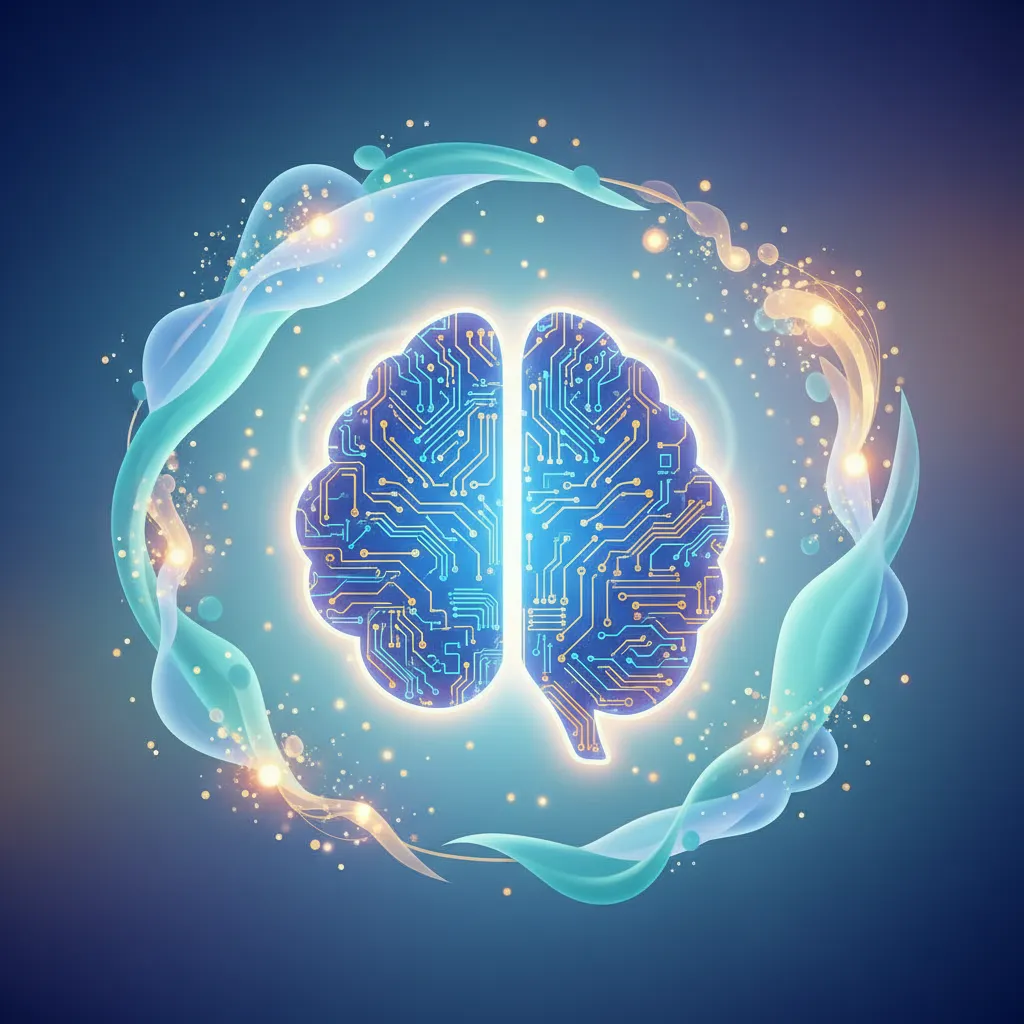 Stylized brain with AI circuits, representing AI's role in emotional well-being.