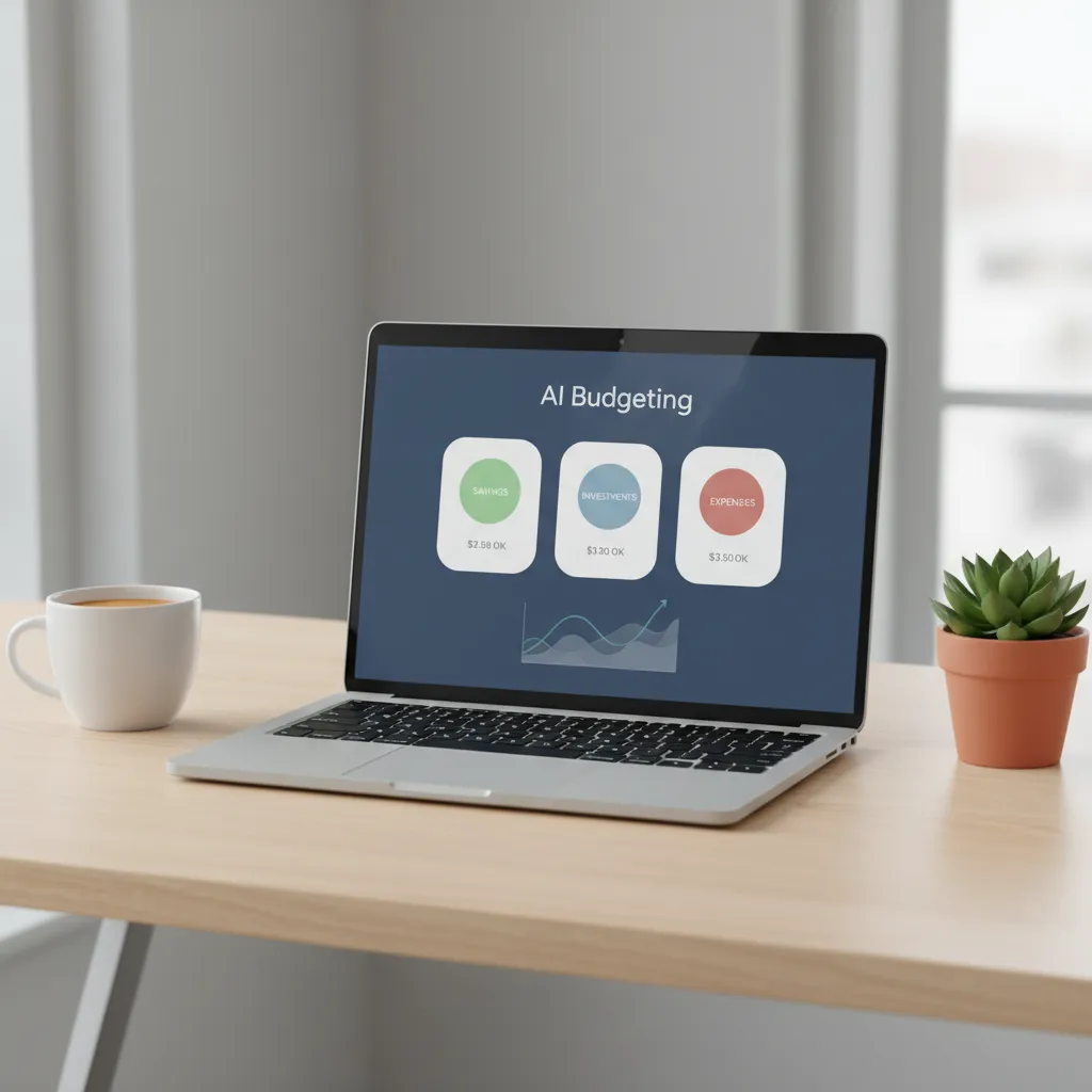 An AI budgeting app dashboard is displayed on a laptop, showing clear graphs of spending and savings.