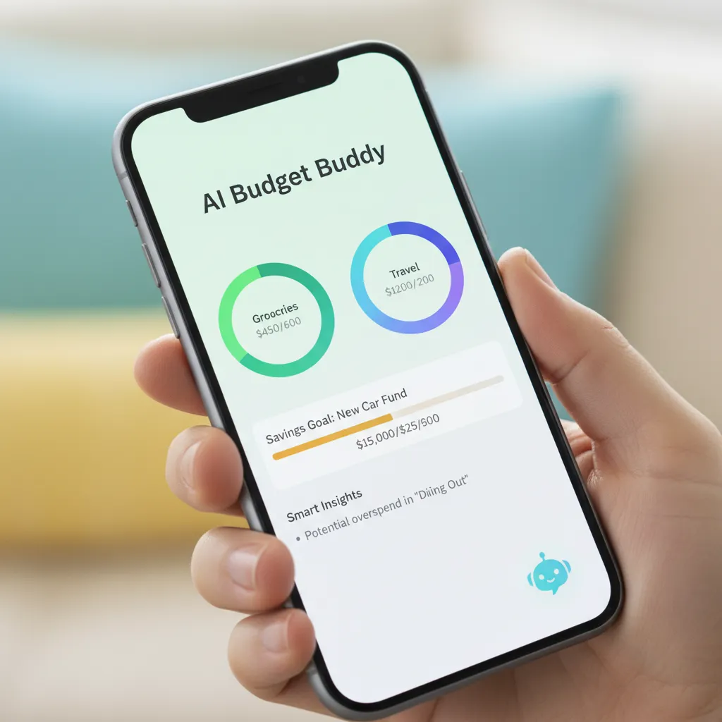 A smartphone screen showing a sleek AI budgeting app interface with colorful charts and graphs.