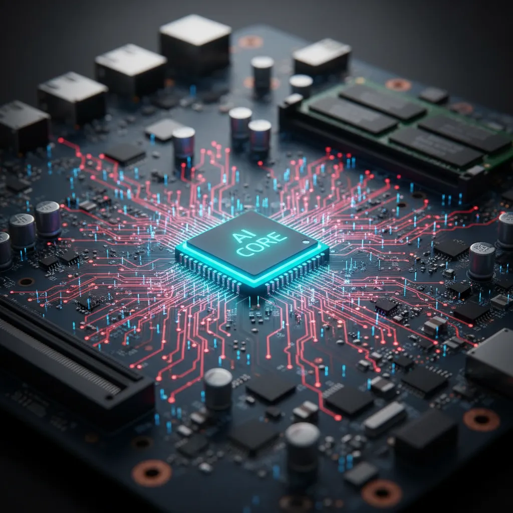 Close-up of a glowing AI chip on a laptop motherboard