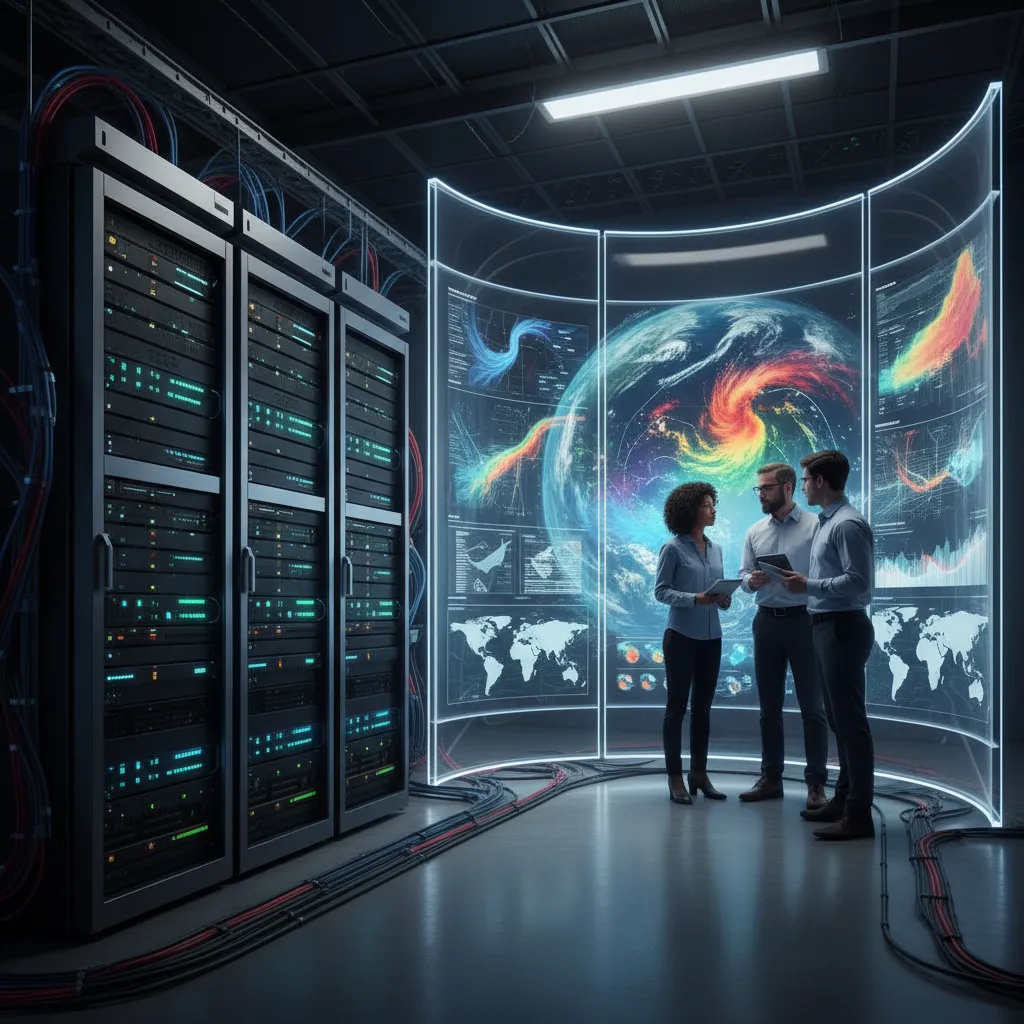 Scientists analyzing AI-generated climate models on supercomputers.