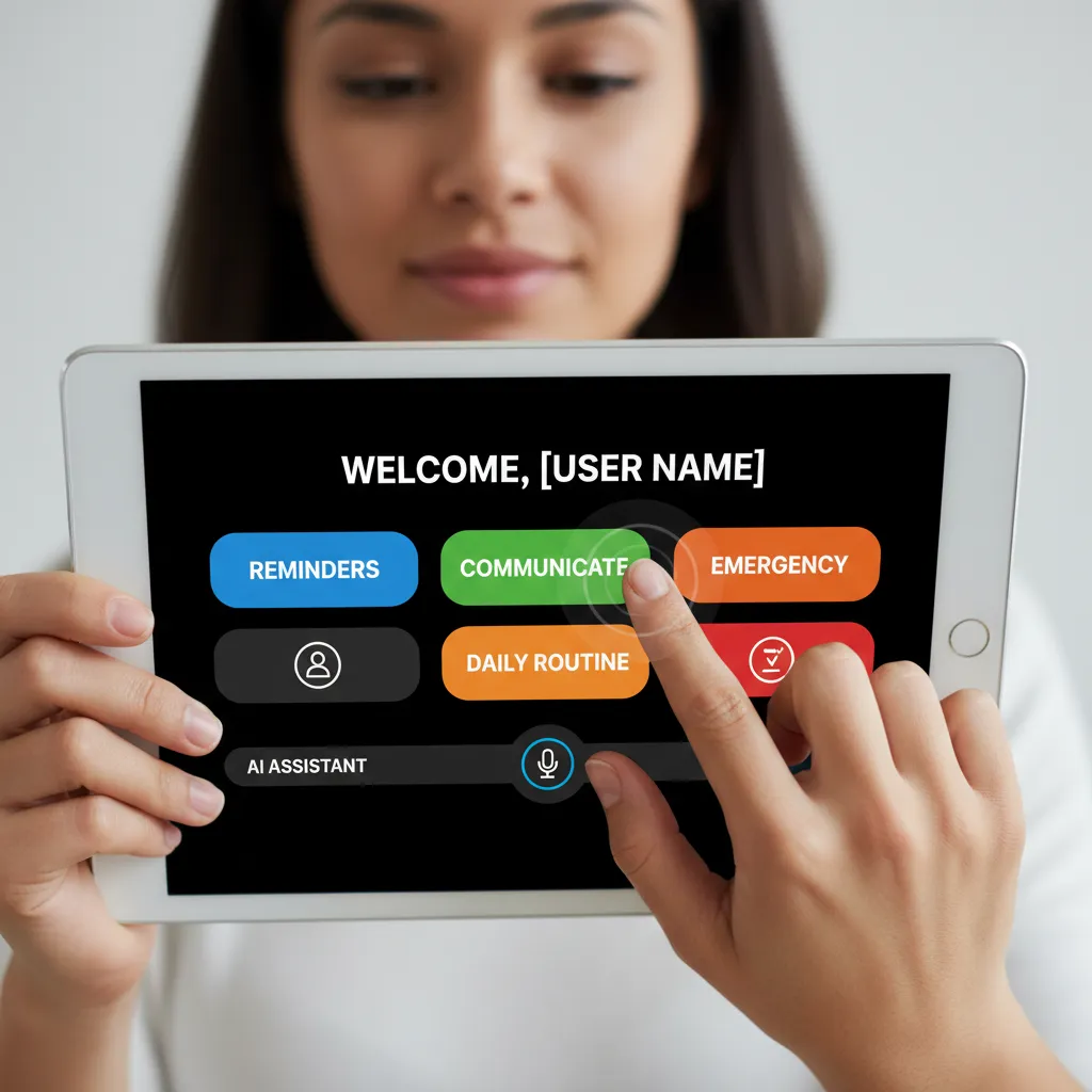 Person interacting with AI-powered tablet with customized accessible interface