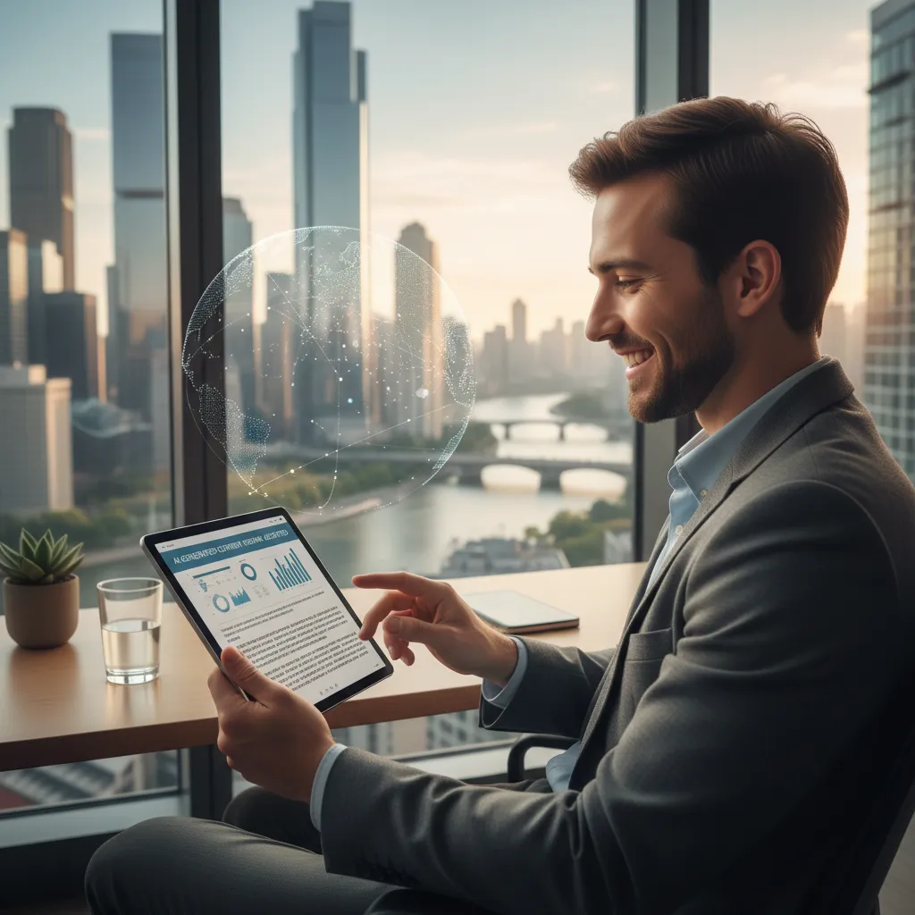 Professional reviewing AI-generated content on a tablet