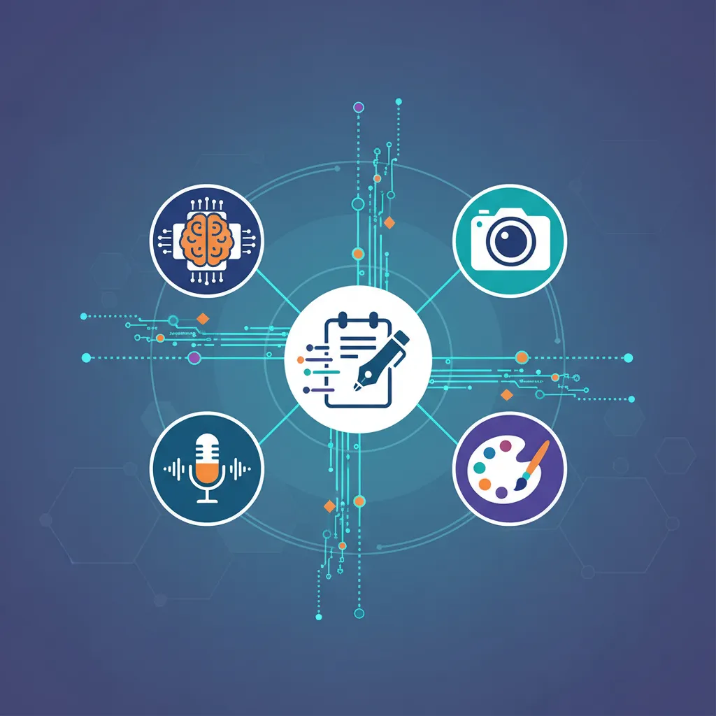 Stylized icons of AI content tools