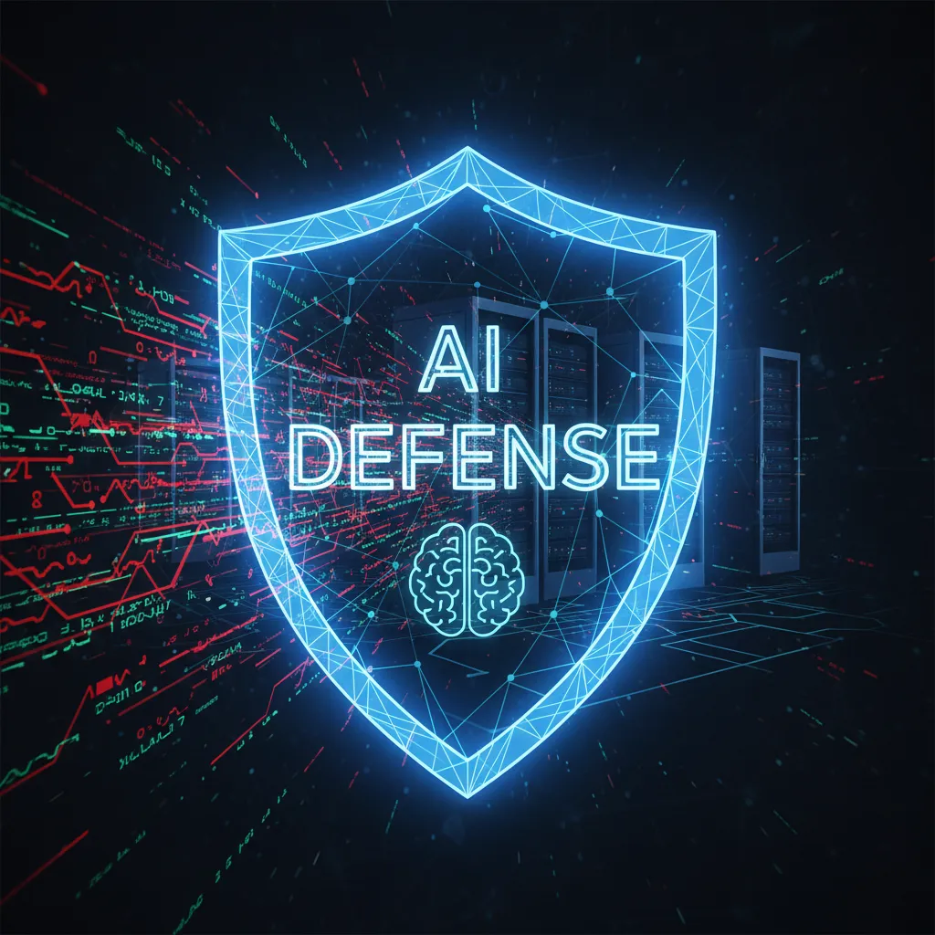 A visual representation of AI preventing a cyber attack, with digital barriers stopping malicious code from penetrating a secure system.