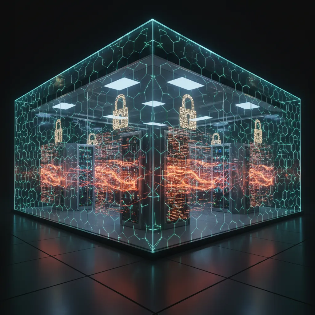 A modern data center protected by an invisible shield of AI, with digital locks and glowing firewalls, representing robust security solutions.