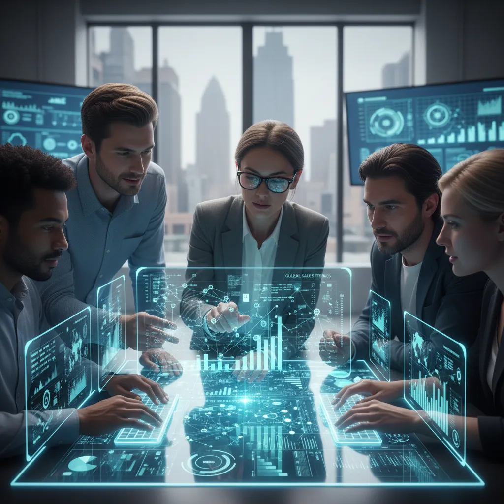 Diverse team collaborating with AI data visualization