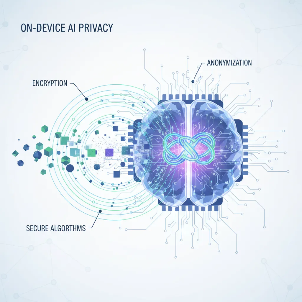 Abstract depiction of data encryption and anonymization within an AI chip