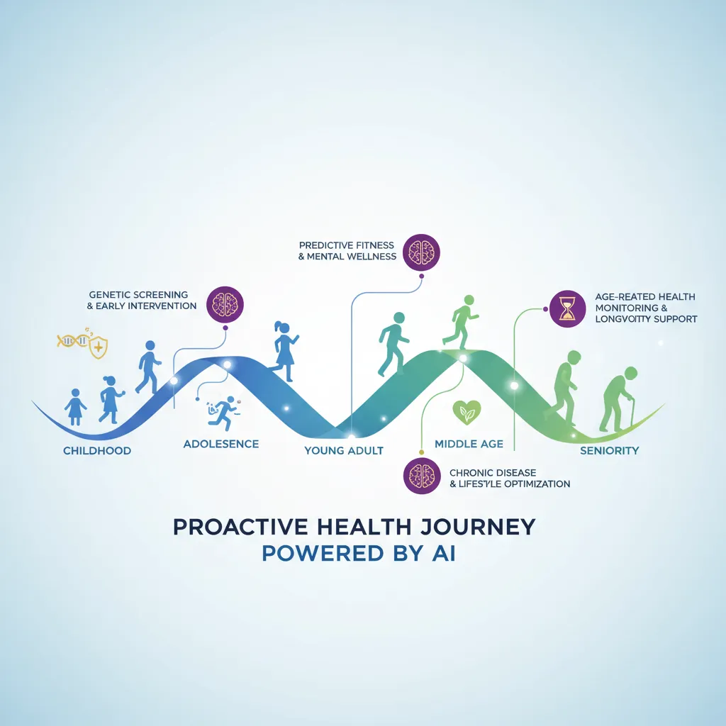 Infographic showing AI preventing health issues across a human life timeline