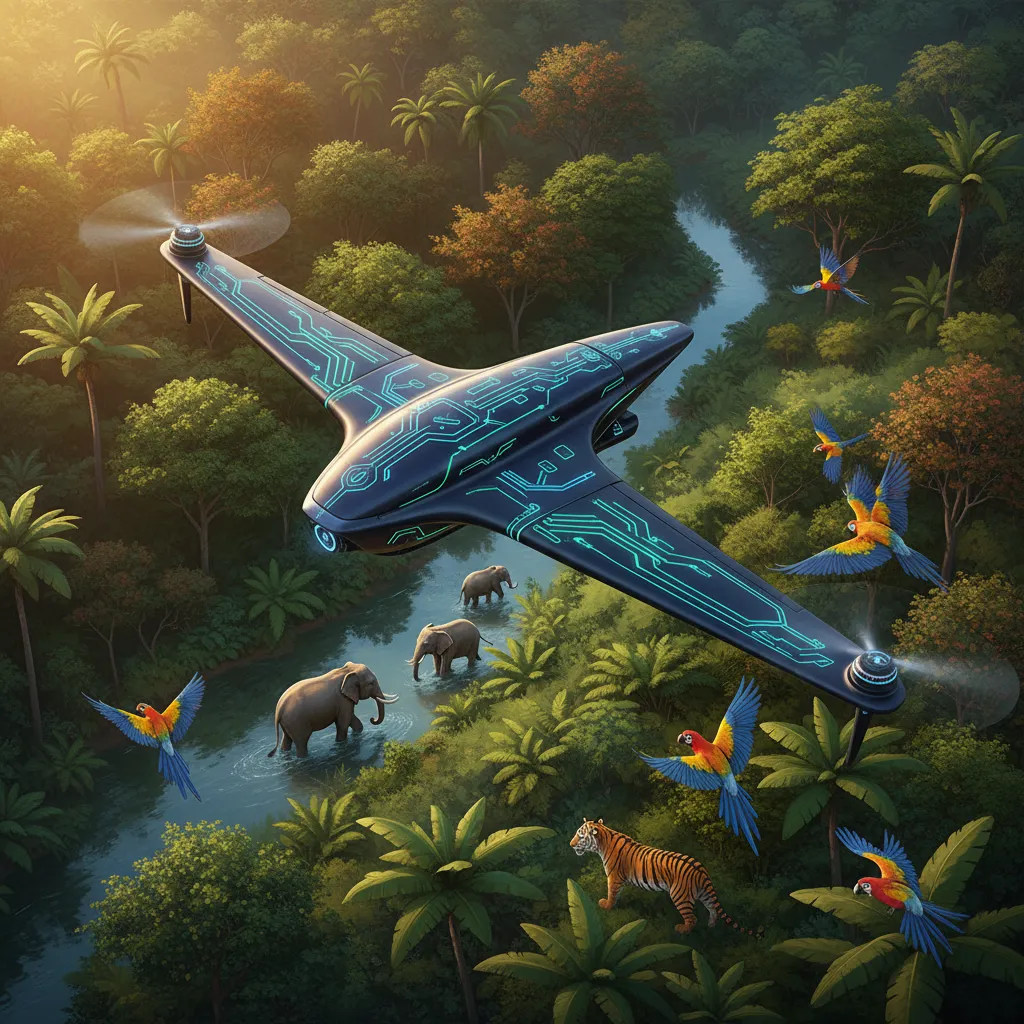 A majestic AI-powered drone soaring over a vast, sunlit savanna teeming with wildlife, symbolizing hope for conservation.