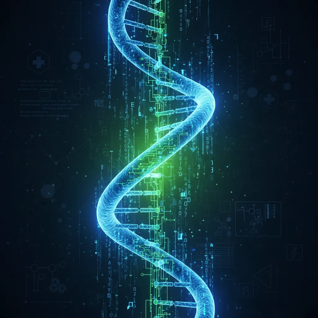 Abstract image of DNA helix with AI circuits for drug discovery.