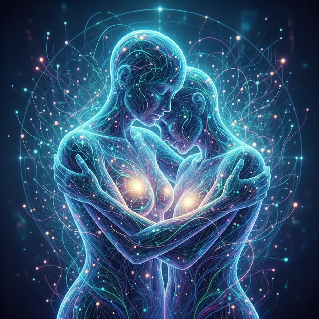 Abstract art depicting AI and human interaction, symbolizing supportive digital mental health assistance