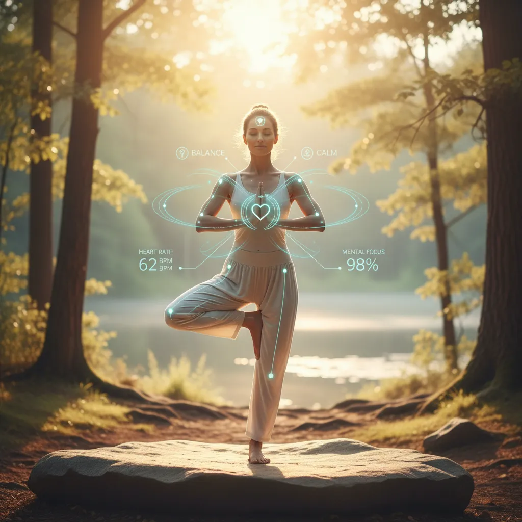 Individual doing yoga with AI biometric overlays in a natural setting