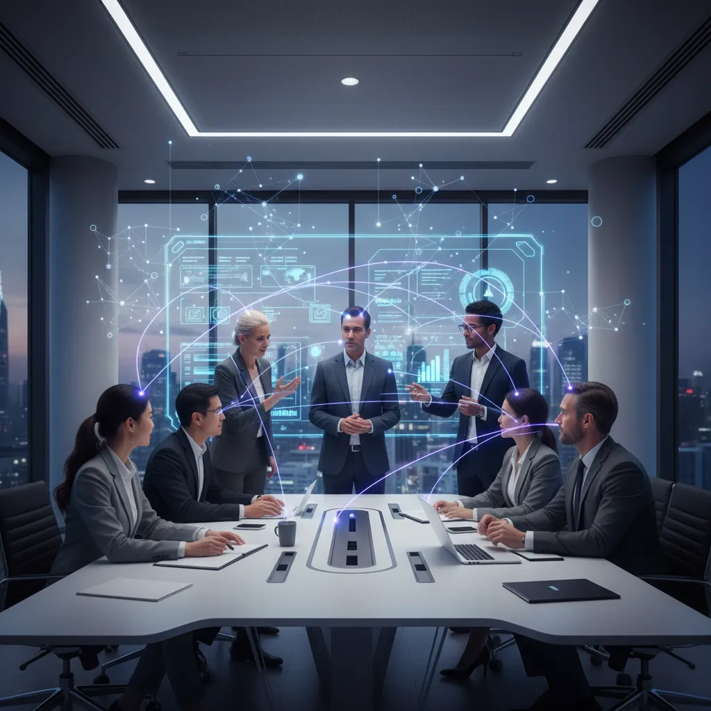 Professionals collaborating in a modern office with digital overlays symbolizing AI-enhanced teamwork