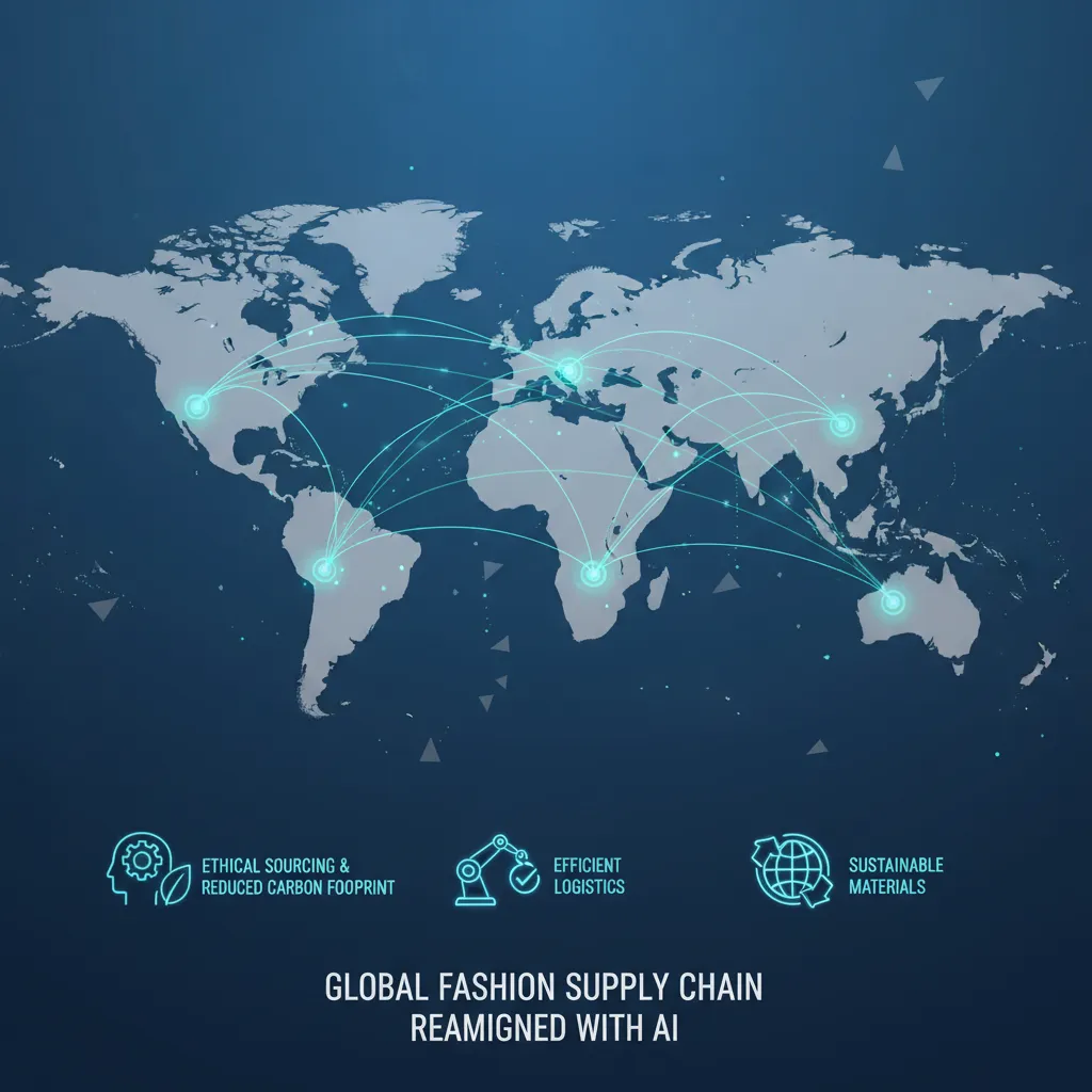 Global supply chain map with AI icons for ethical sourcing and reduced carbon footprint.