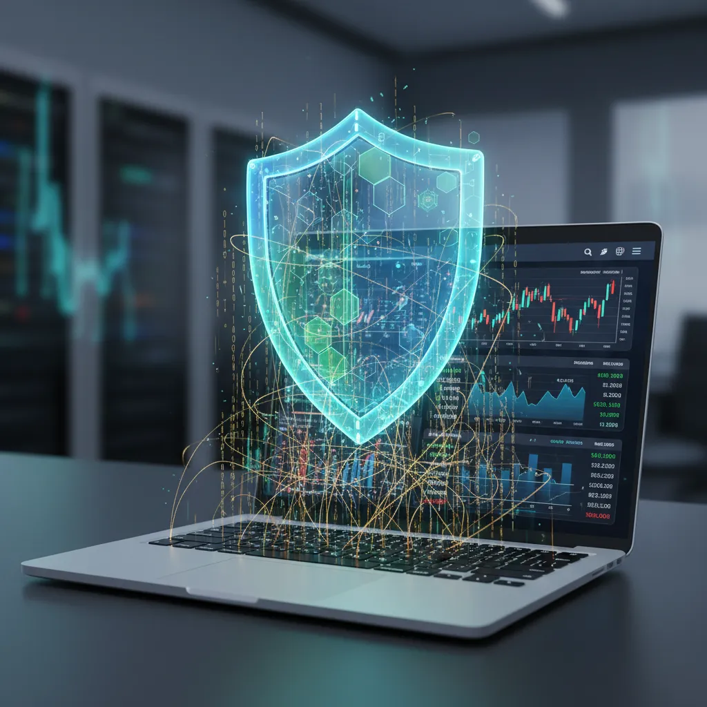 A digital shield icon overlaying a person's financial data on a computer screen, symbolizing AI security.