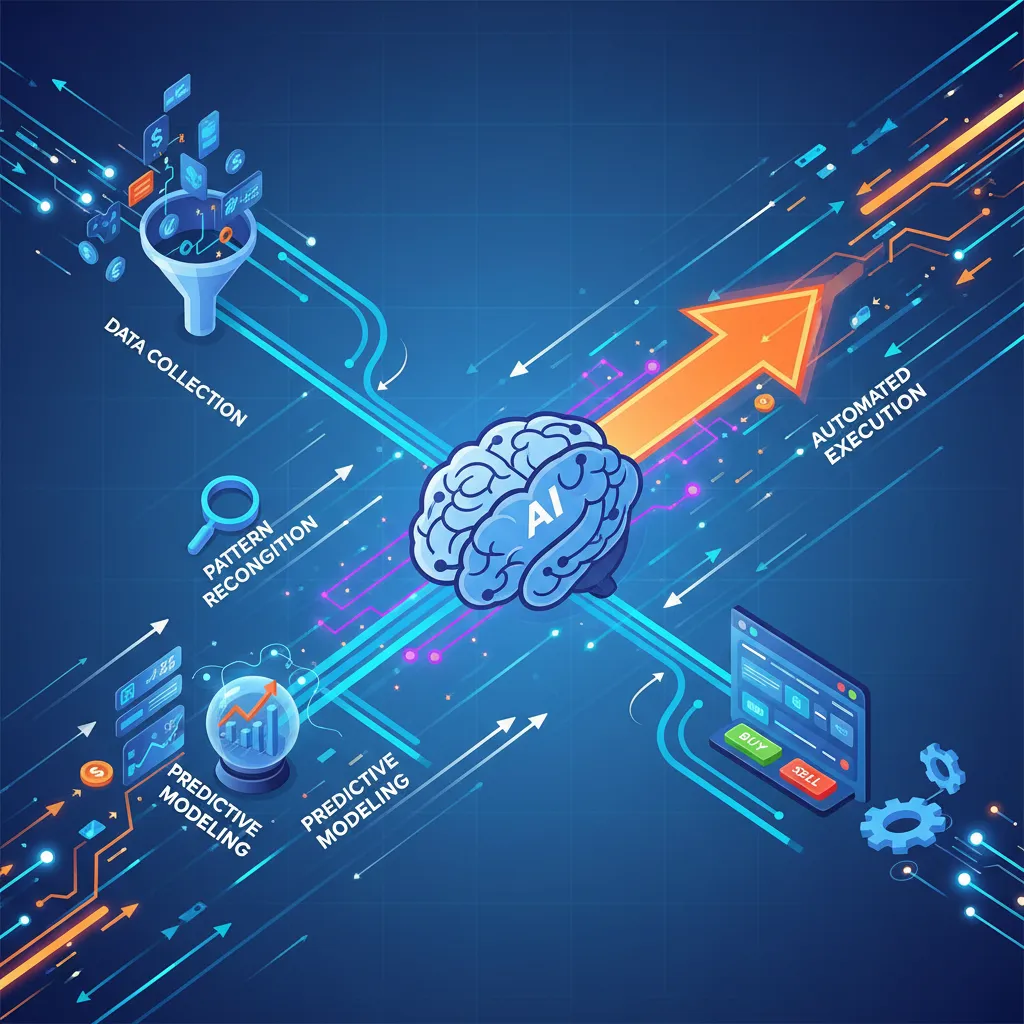 Infographic showing AI workflow in finance: data, patterns, predictions, execution.