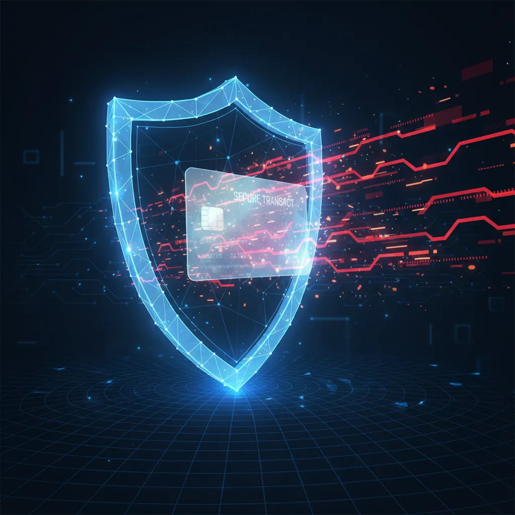 A conceptual image of a digital shield protecting a credit card from cyber threats, representing AI fraud detection.