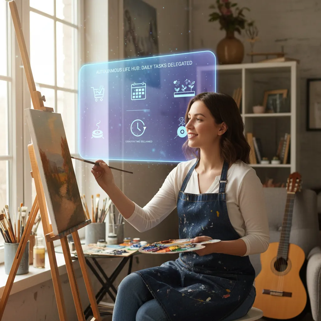 Individual enjoying a hobby with AI managing tasks