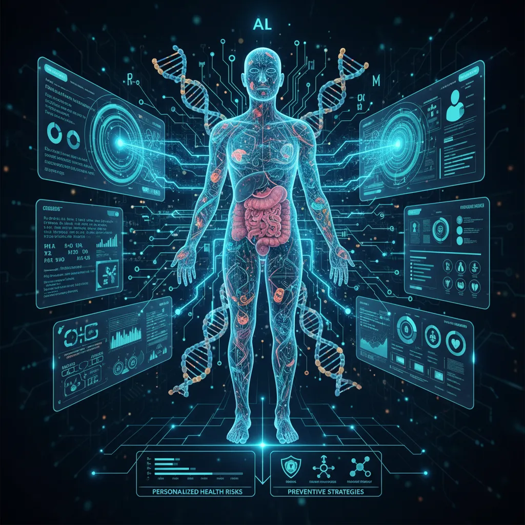 An abstract visualization of a DNA double helix with glowing nodes, representing an AI analyzing genetic data for health risks.