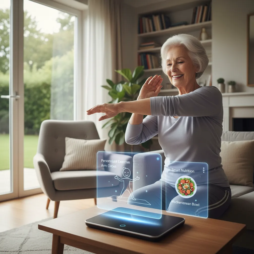 Elderly person using AI home health monitor