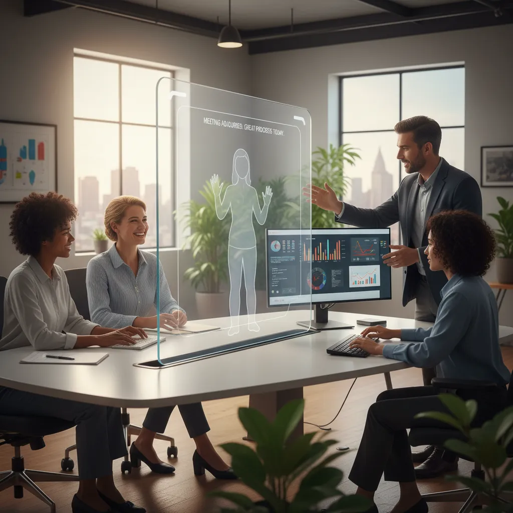 Colleagues collaborating with AI real-time captioning and sign language interpretation