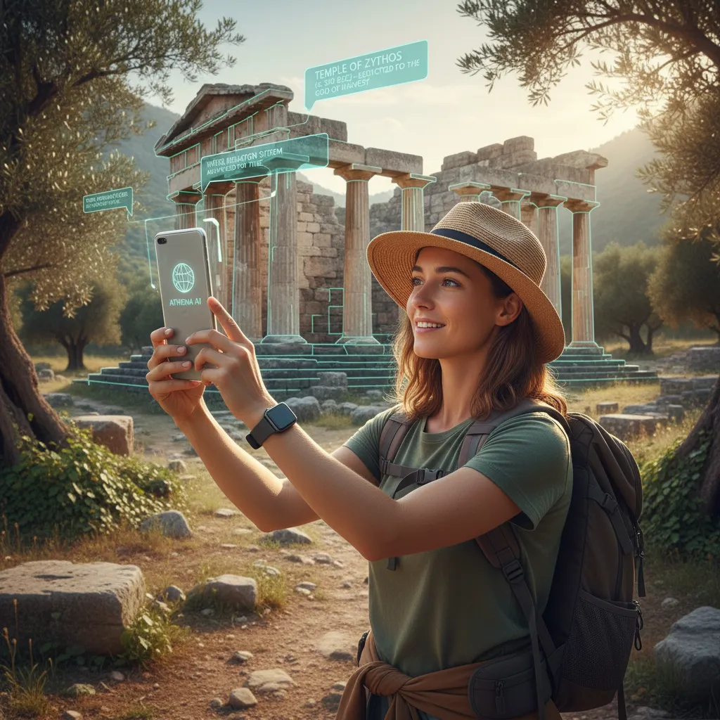 Traveler using AI assistant with augmented reality to explore a historical site.
