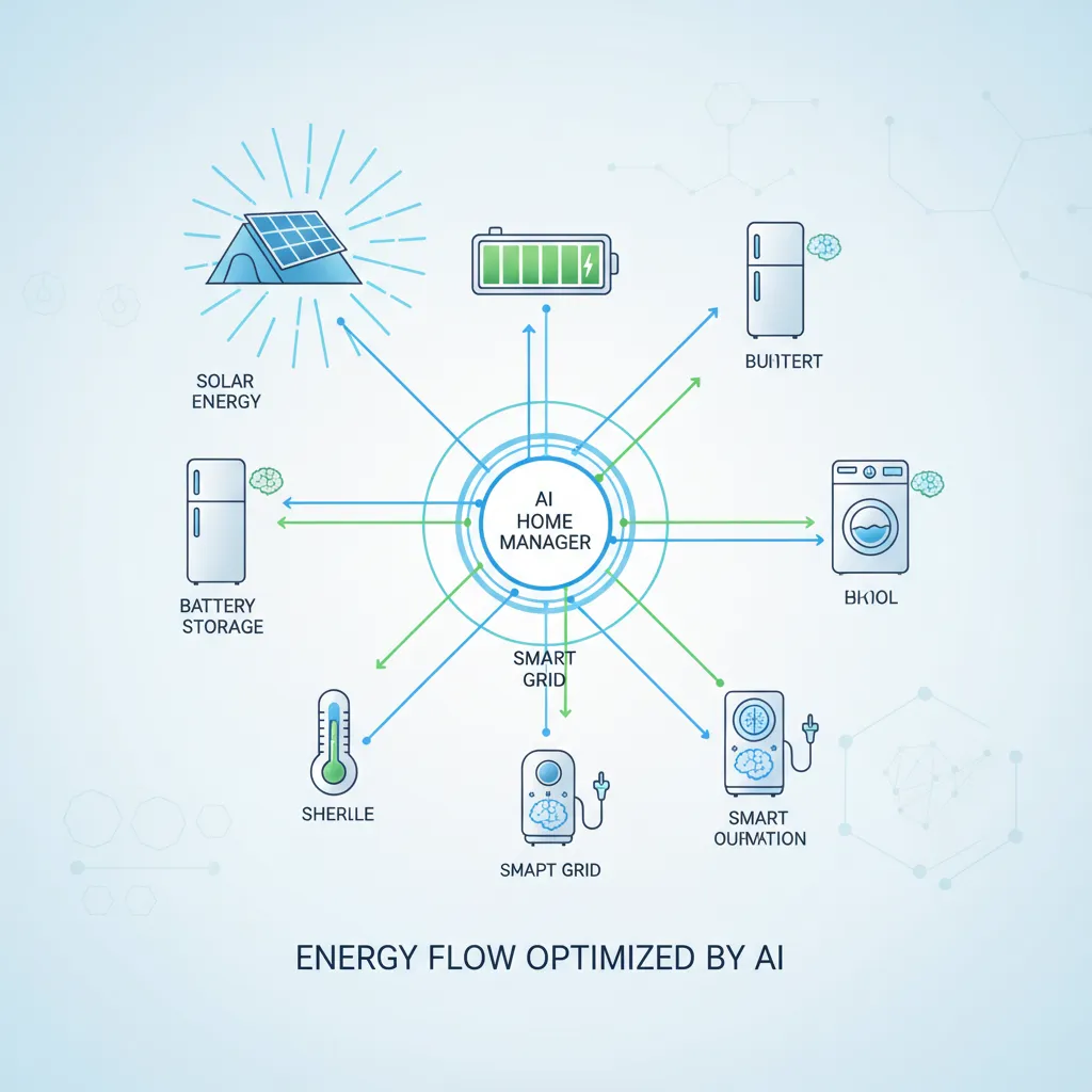 Infographic showing energy flow in an AI-optimized smart home with solar, battery, and smart appliances.