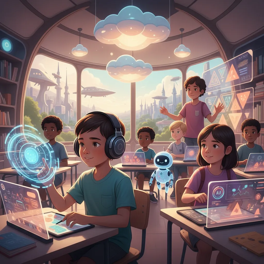 A vivid, cinematic hero image representing the bright future of AI in an inclusive, diverse classroom