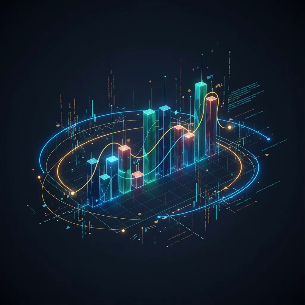 An abstract visualization of an AI analyzing stock market data for investment opportunities.