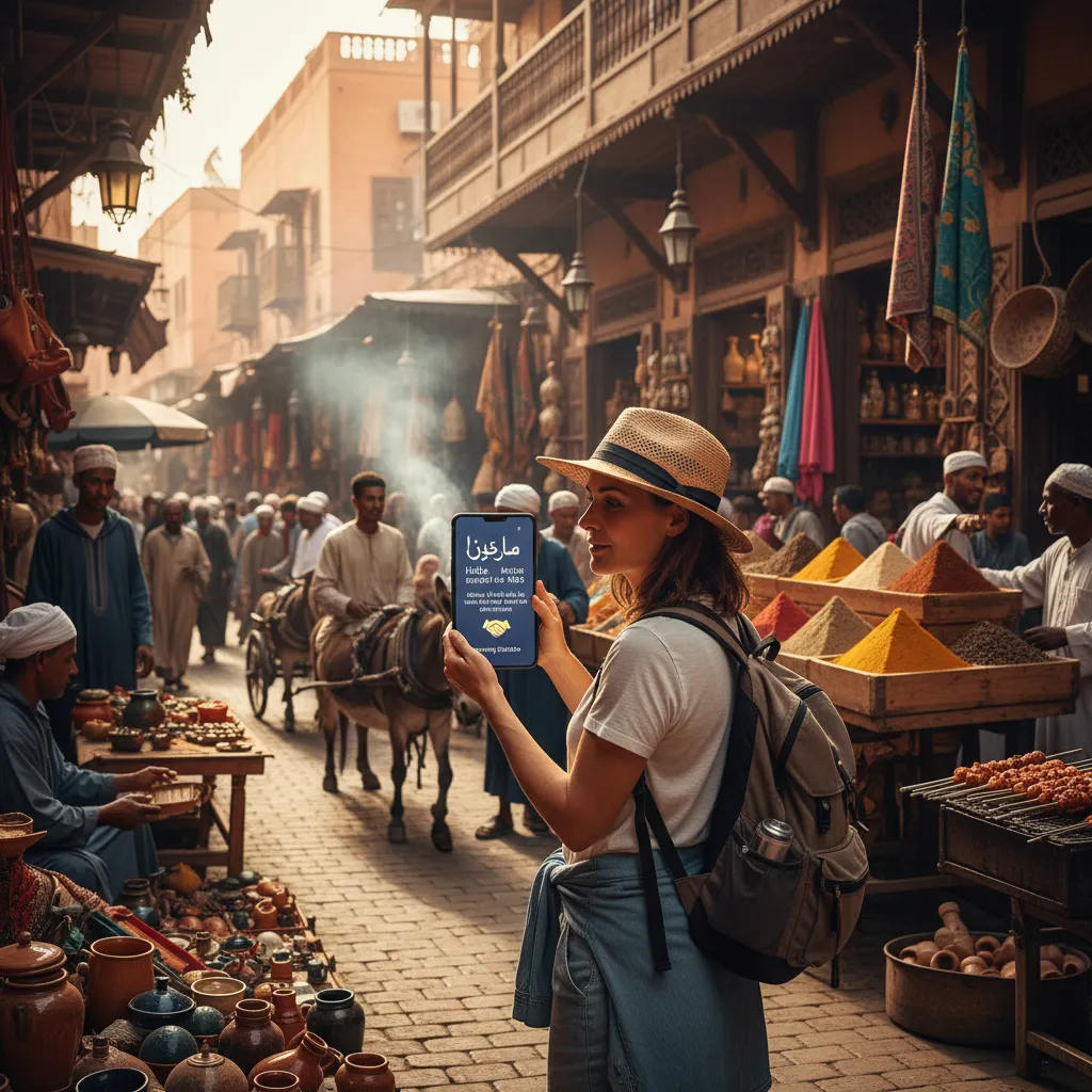 Solo traveler using AI language translator app in a vibrant foreign market