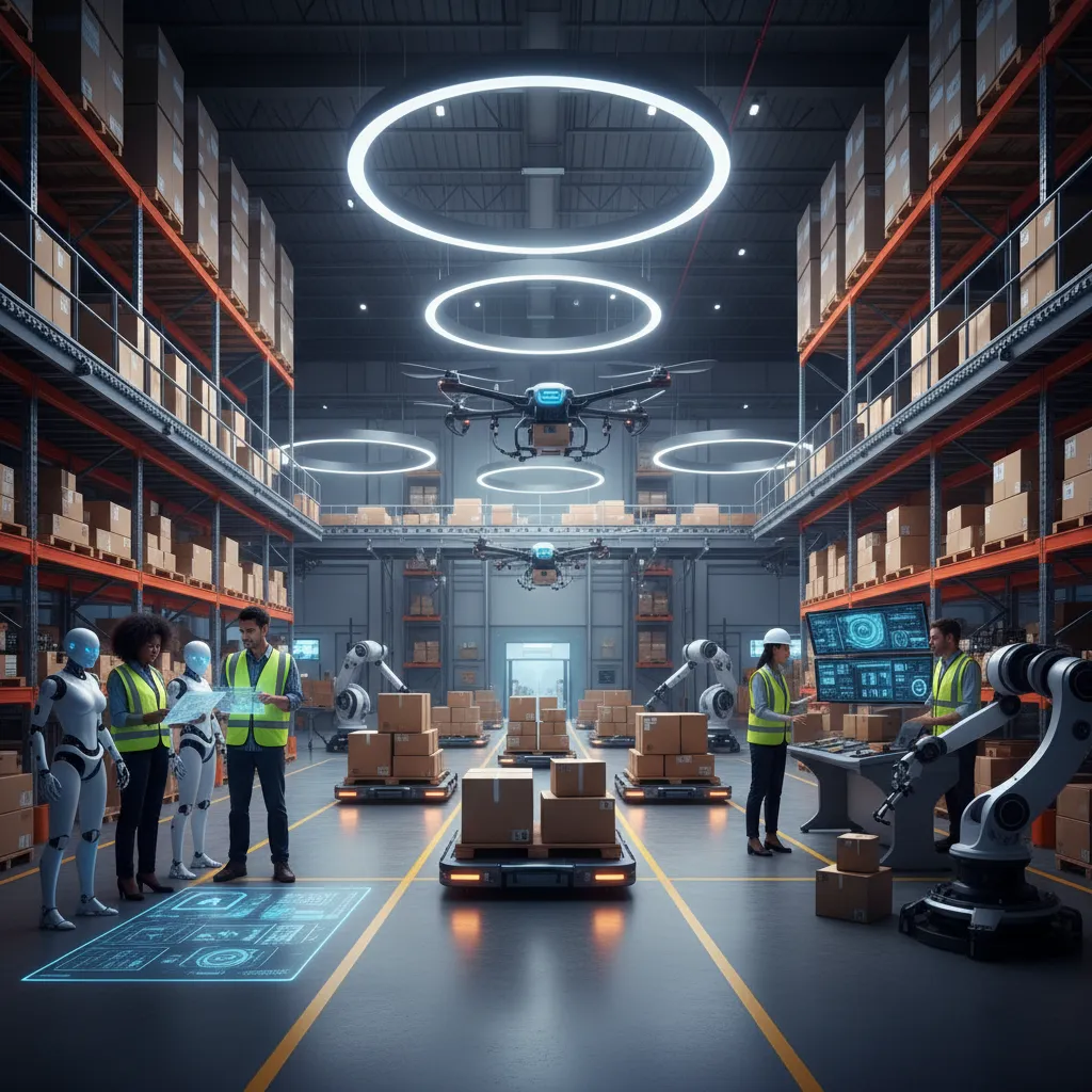 AI robots and human workers in a smart logistics warehouse