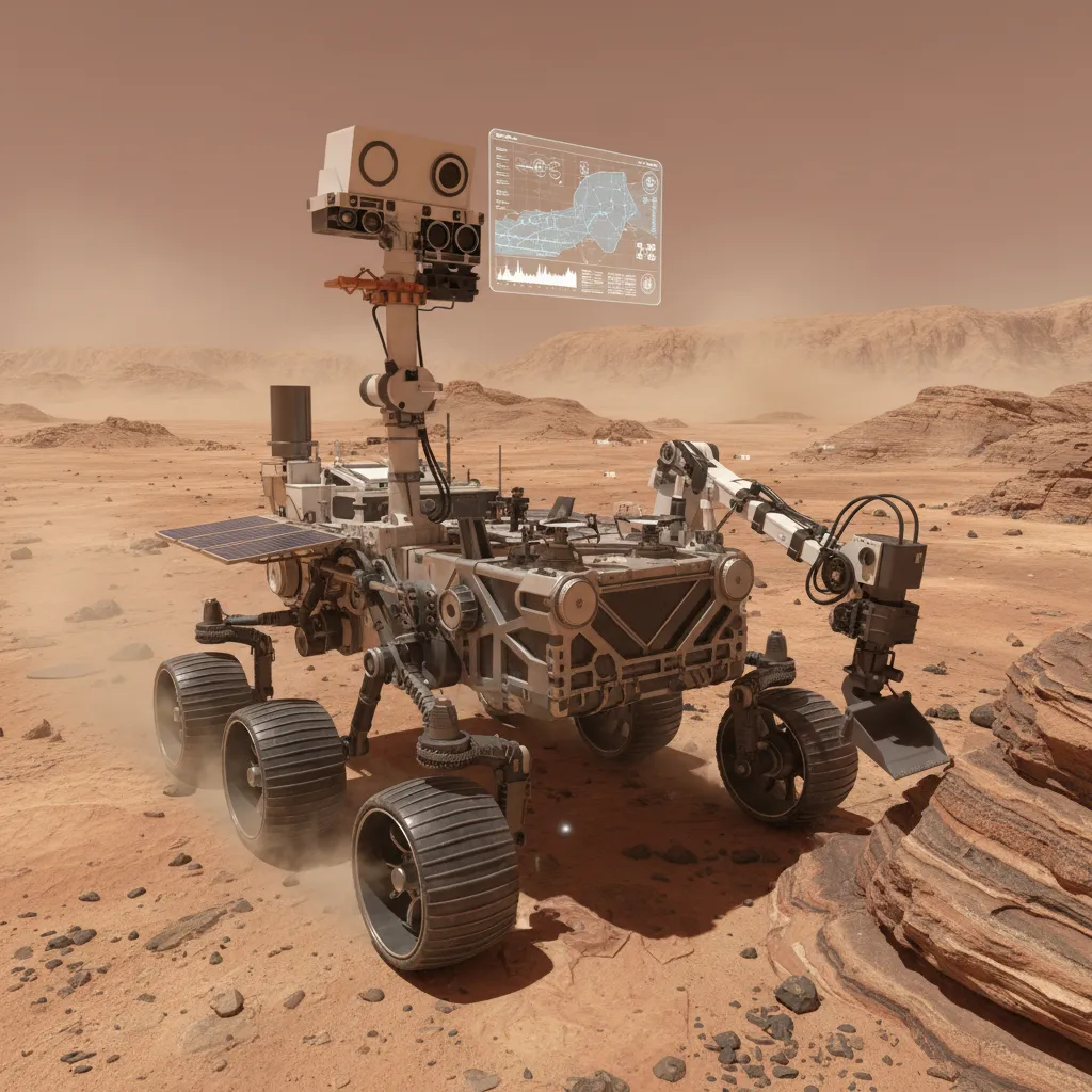 An AI-powered rover with advanced sensors exploring the red Martian landscape.