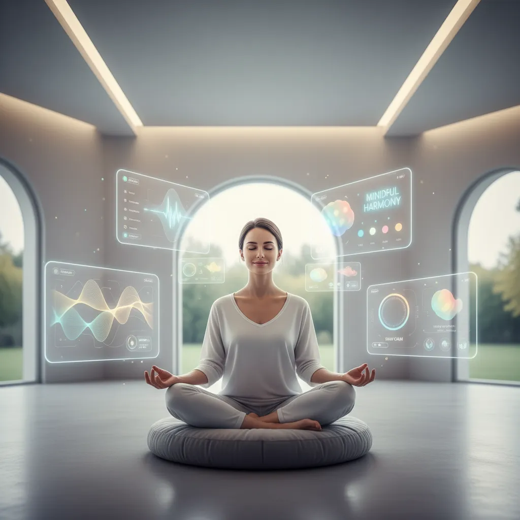 Individual meditating with AI mental wellness app interface