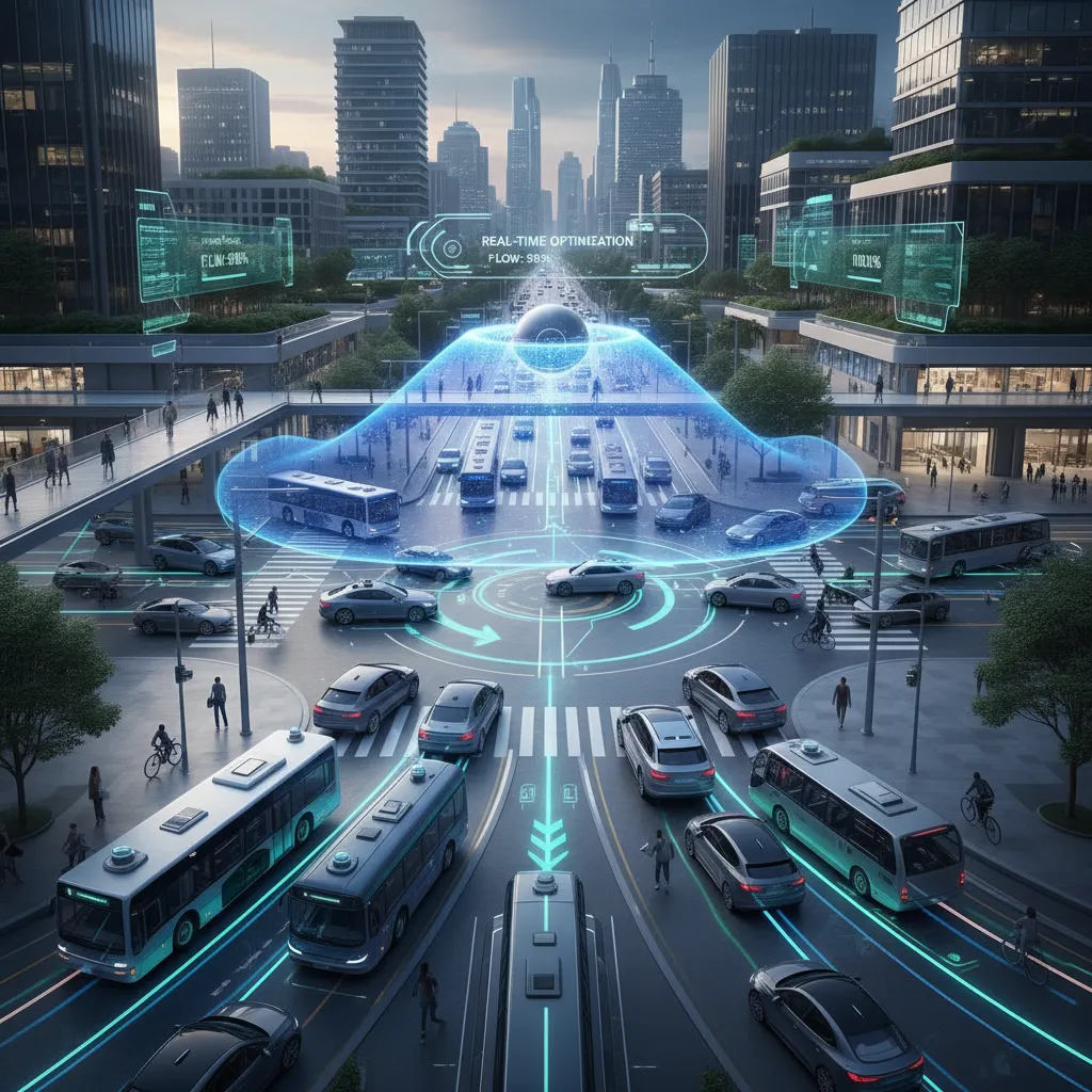 Autonomous electric vehicles navigating a smart city intersection with AI traffic management and holographic guidance.