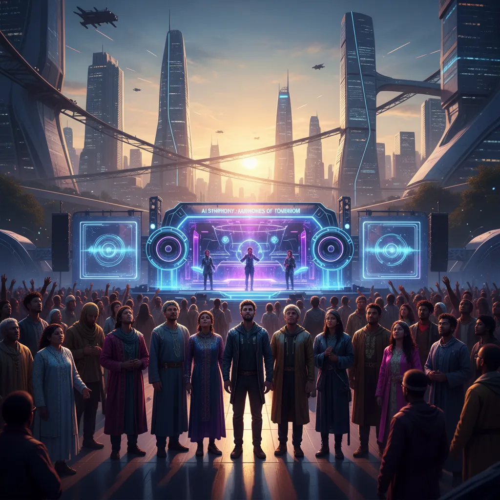 Diverse audience enjoying AI-composed music at an outdoor concert