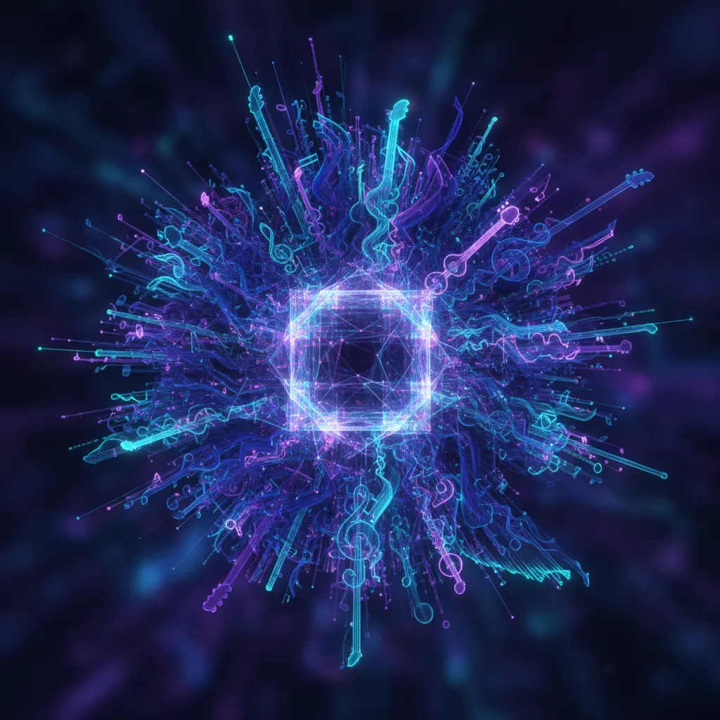 An AI algorithm generating a complex musical score on a futuristic interface.