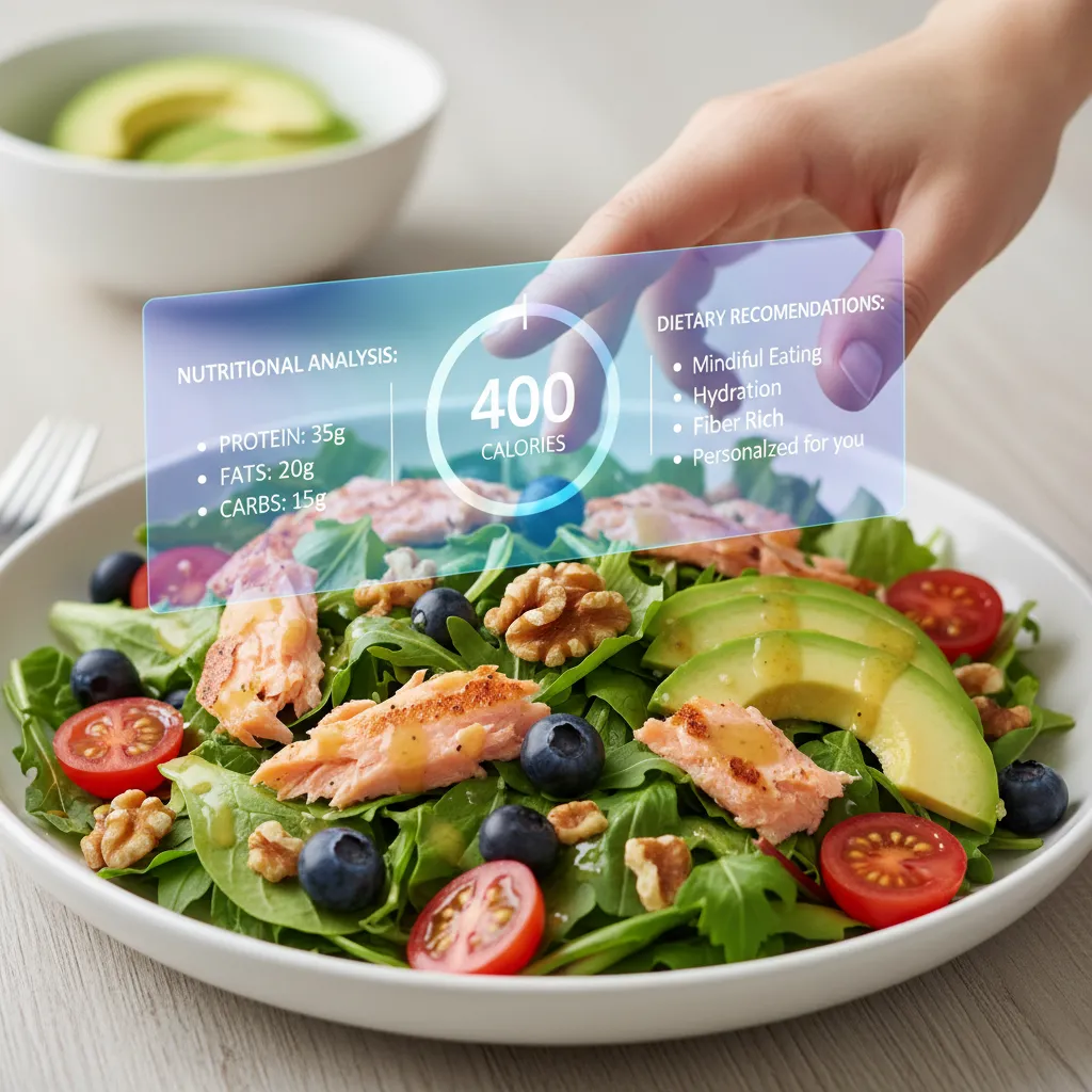 Close-up of a healthy meal with AI-generated nutritional analysis and dietary recommendations.