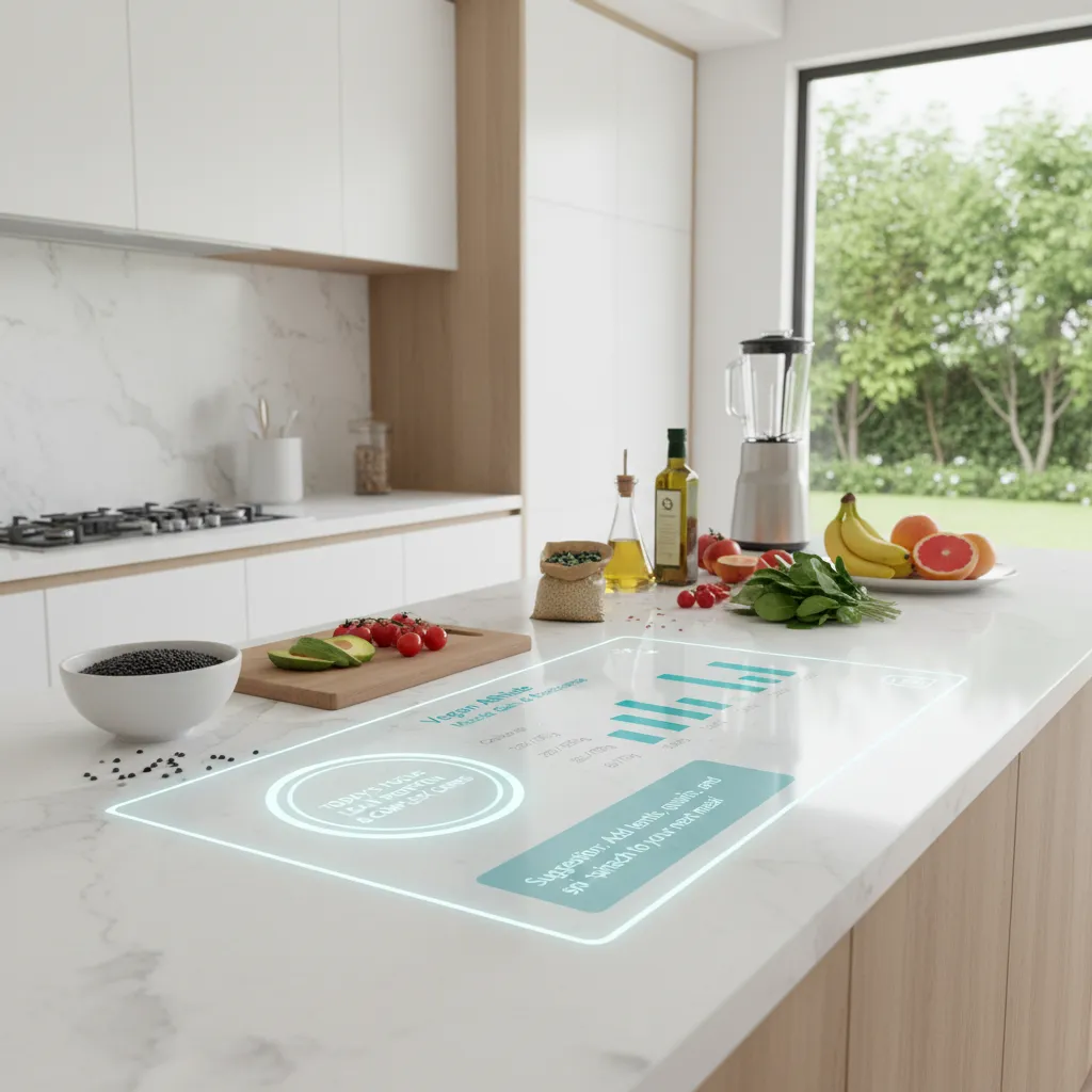 AI displaying personalized nutrition advice in a smart kitchen