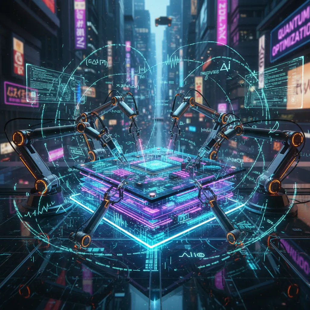 AI robotic arms debugging and optimizing quantum code on a circuit board