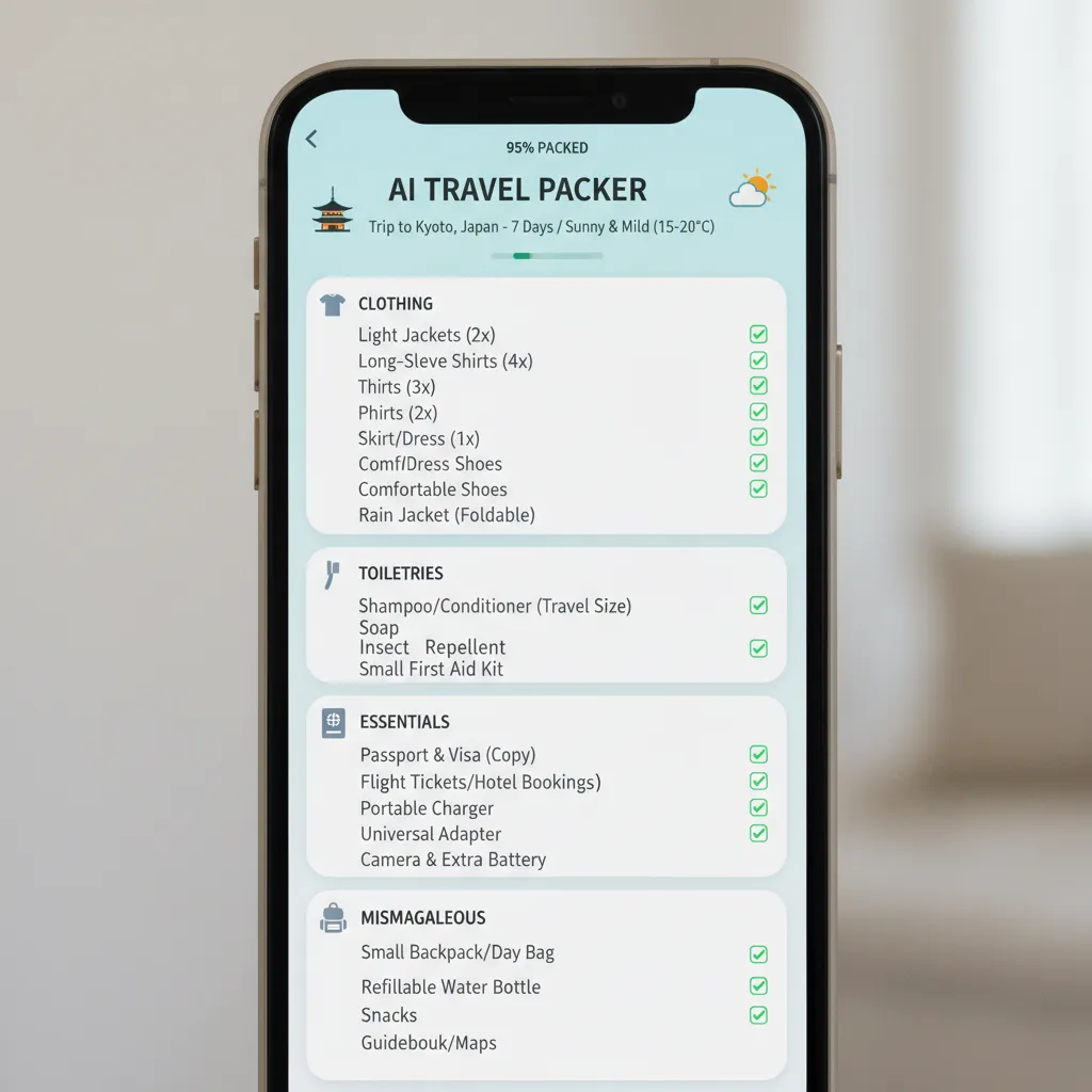 Smartphone displaying AI generated packing list