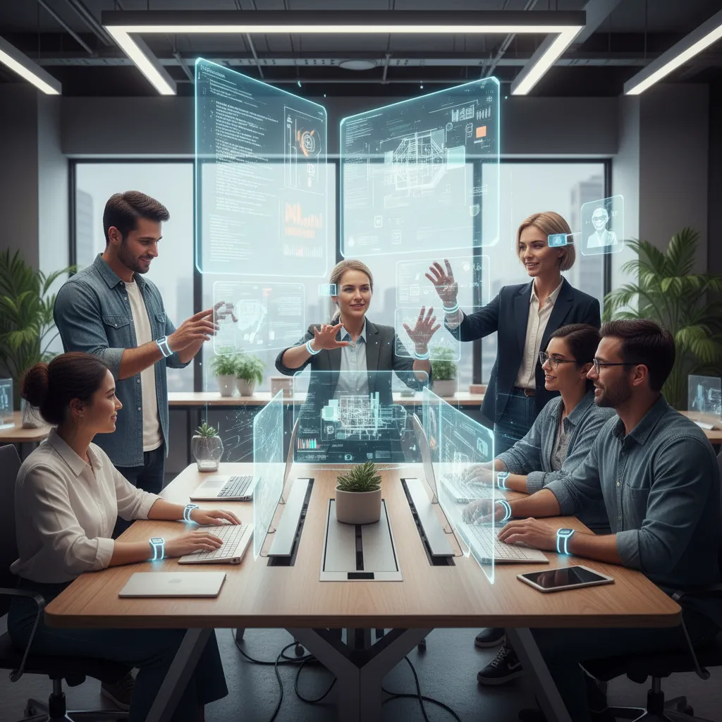 Group of diverse professionals collaborating with AI PCs, interacting with holograms.