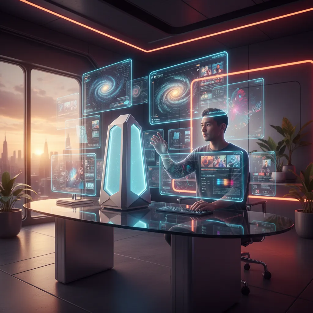 A creative professional working on a futuristic AI PC setup, with holographic interfaces showing design elements and code.