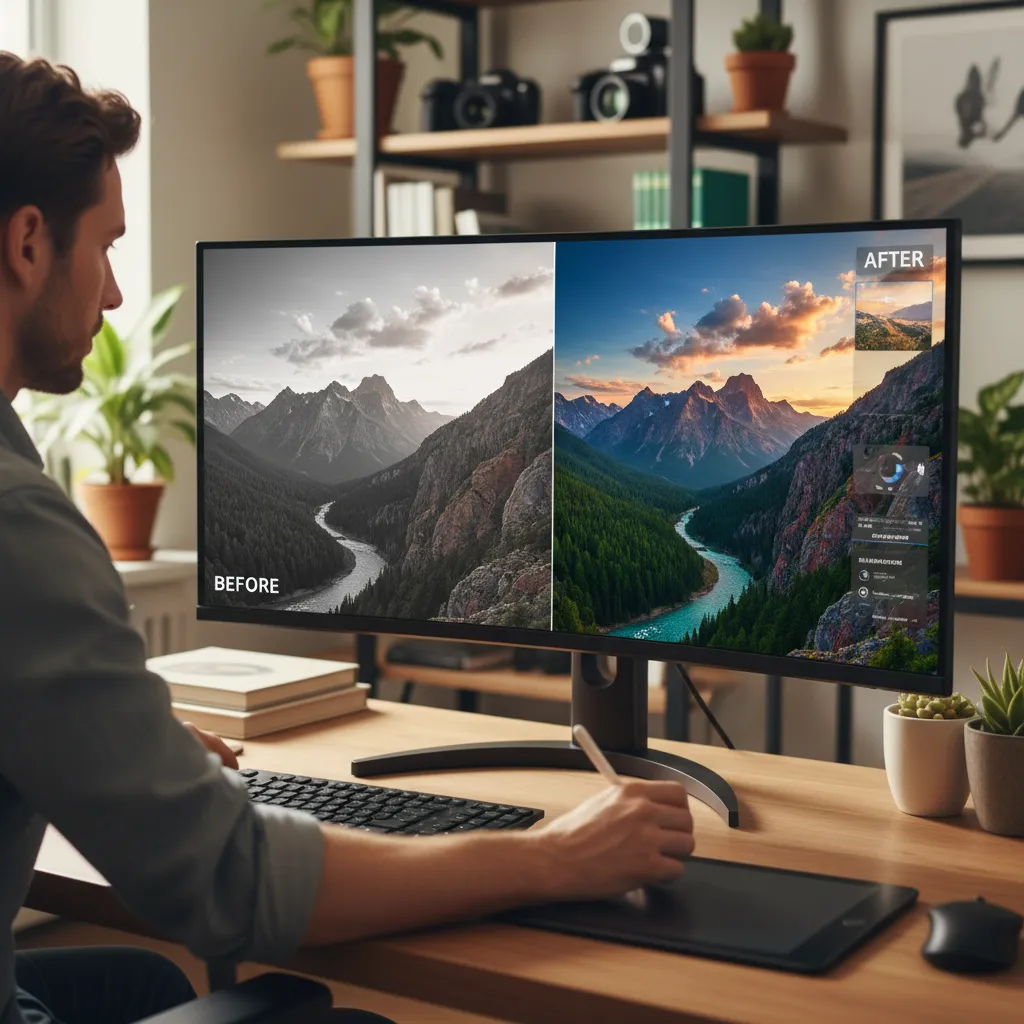 A stunning landscape photograph being enhanced by an AI photo editing software interface, showing before and after effects.